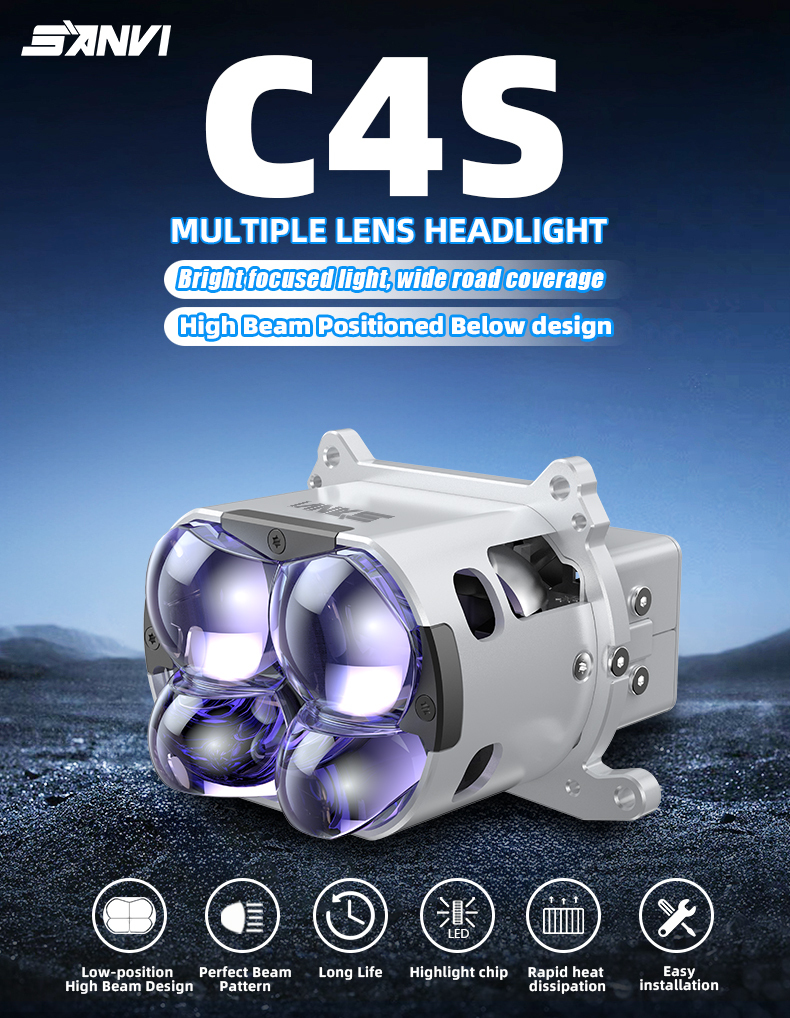 Sanvi official auto lighting factory new arrival 3 inch 72w 6000k super bright matrix C4S silver color led projector lens headlight for car motorcycle headlights upgrading retrofit kits  
