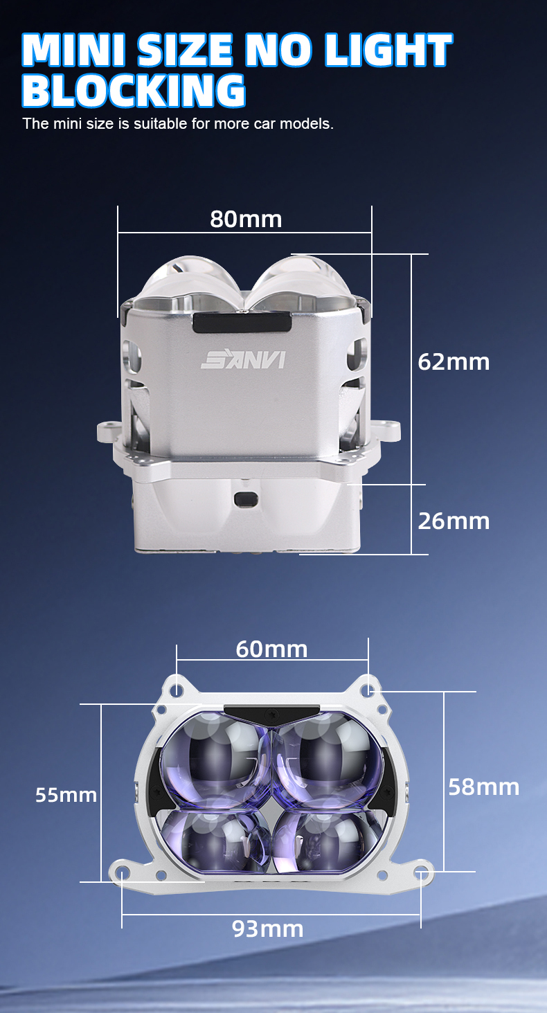 Sanvi official auto lighting factory new arrival 3 inch 72w 6000k super bright matrix C4S silver color led projector lens headlight for car motorcycle headlights upgrading retrofit kits  