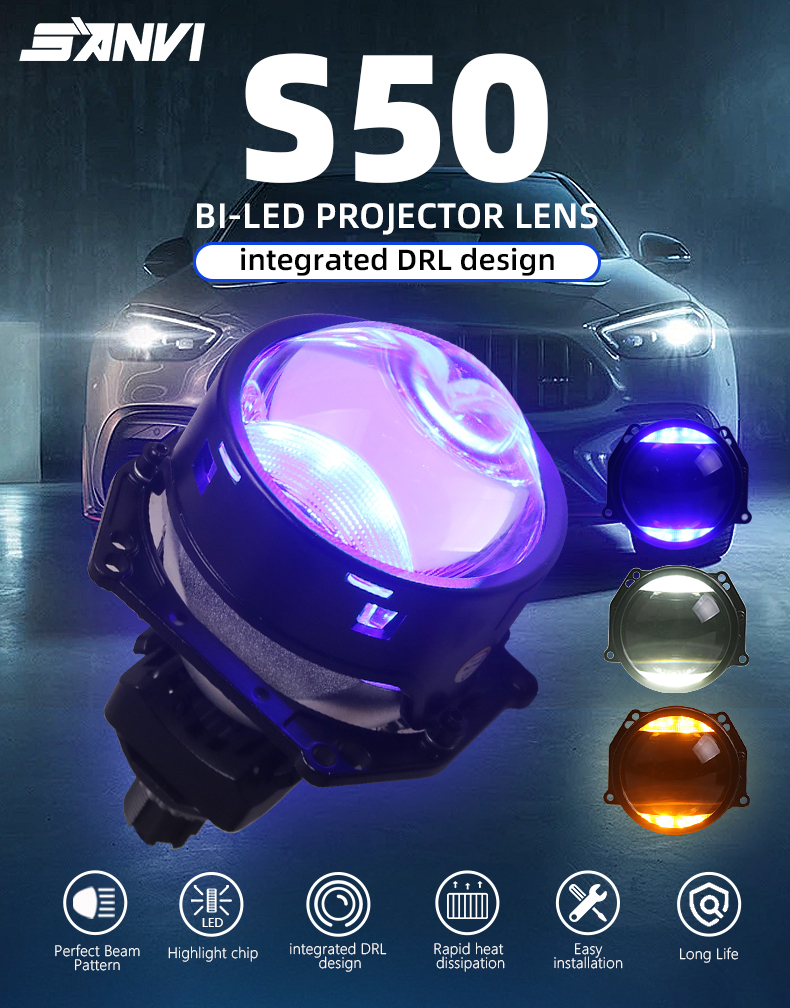 Sanvi official auto lighting factory 3 inch h4 h7 9005 S50 bi led projector lens headlights aftermarket automotive led headlights for car motorcycle headlights  