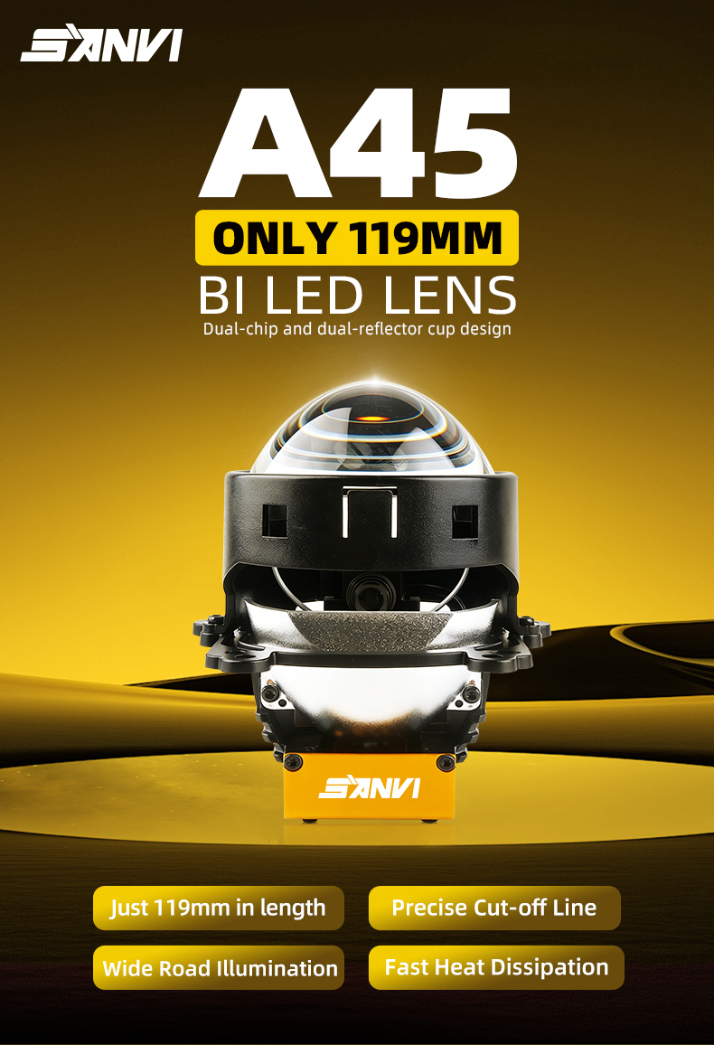 SANVI A45 3 Inch Bi-LED Projector Lens Headlight 45W 9500LUX Super Short 119mm Dual Chip Dual Reflector Auto Headlamp Retrofit Kit  