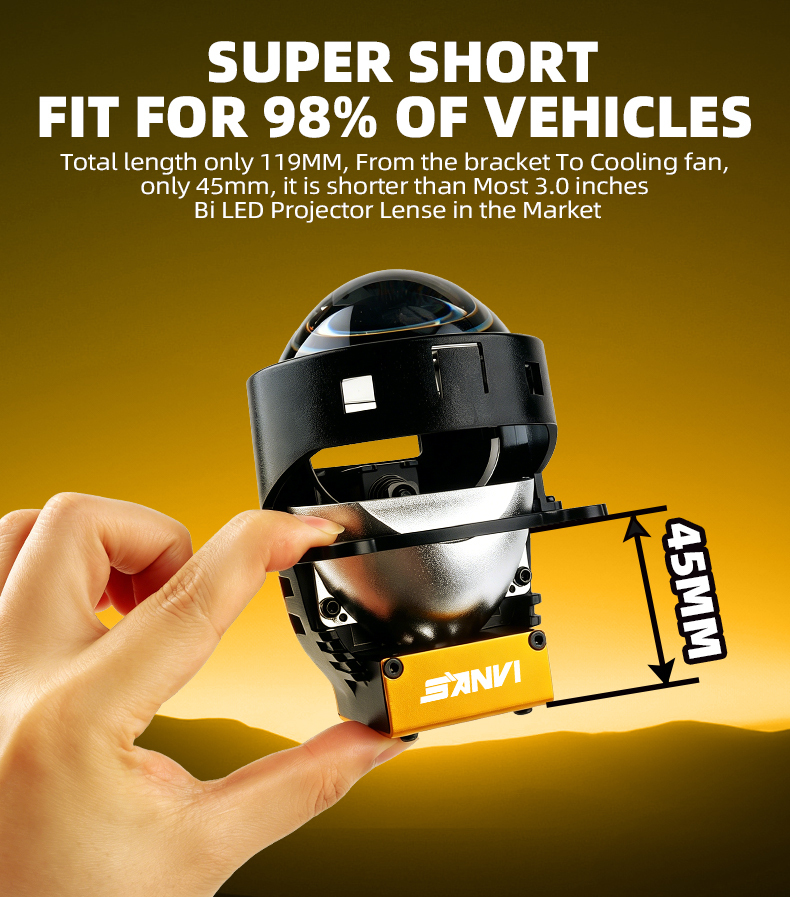 SANVI A45 3 Inch Bi-LED Projector Lens Headlight 45W 9500LUX Super Short 119mm Dual Chip Dual Reflector Auto Headlamp Retrofit Kit  