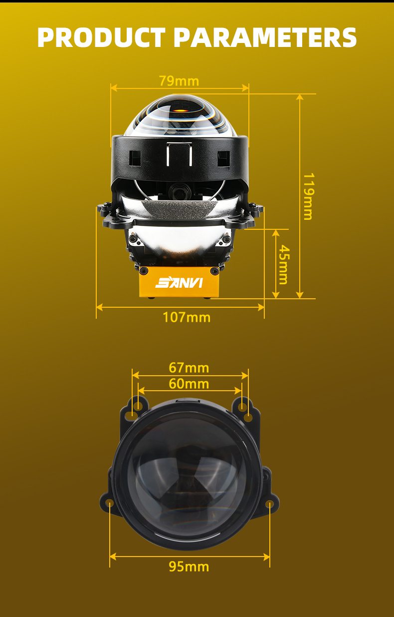 SANVI A45 3 Inch Bi-LED Projector Lens Headlight 45W 9500LUX Super Short 119mm Dual Chip Dual Reflector Auto Headlamp Retrofit Kit  
