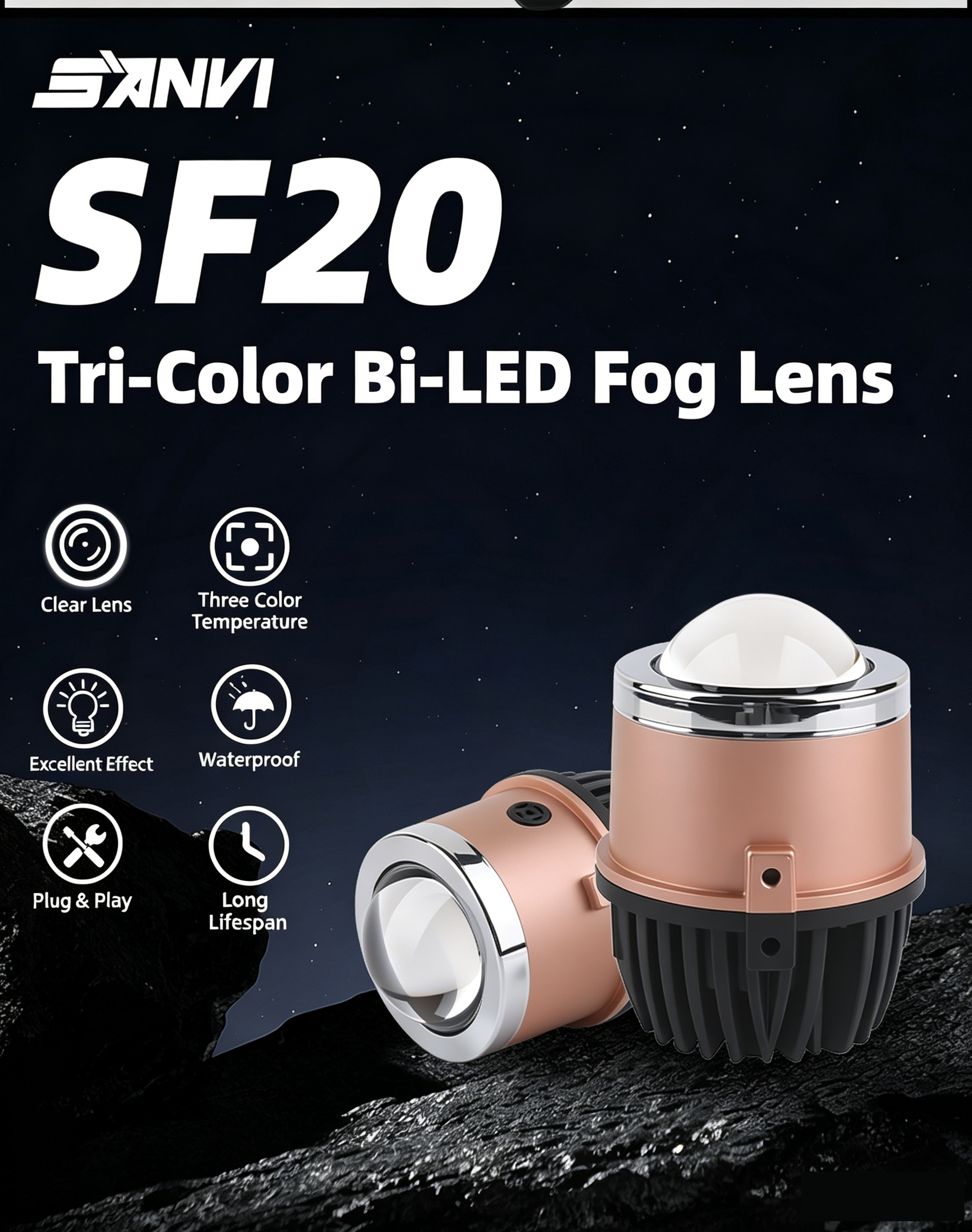 2 Inch SF20 Bi LED Fog Light Projector Lens 3 Color Temperature 3000K 4300K 5500K Dual Low High Beam 36W/48W 9-16V Universal Car Mini Fog Lamp Waterproof Auto Driving Fog Light  