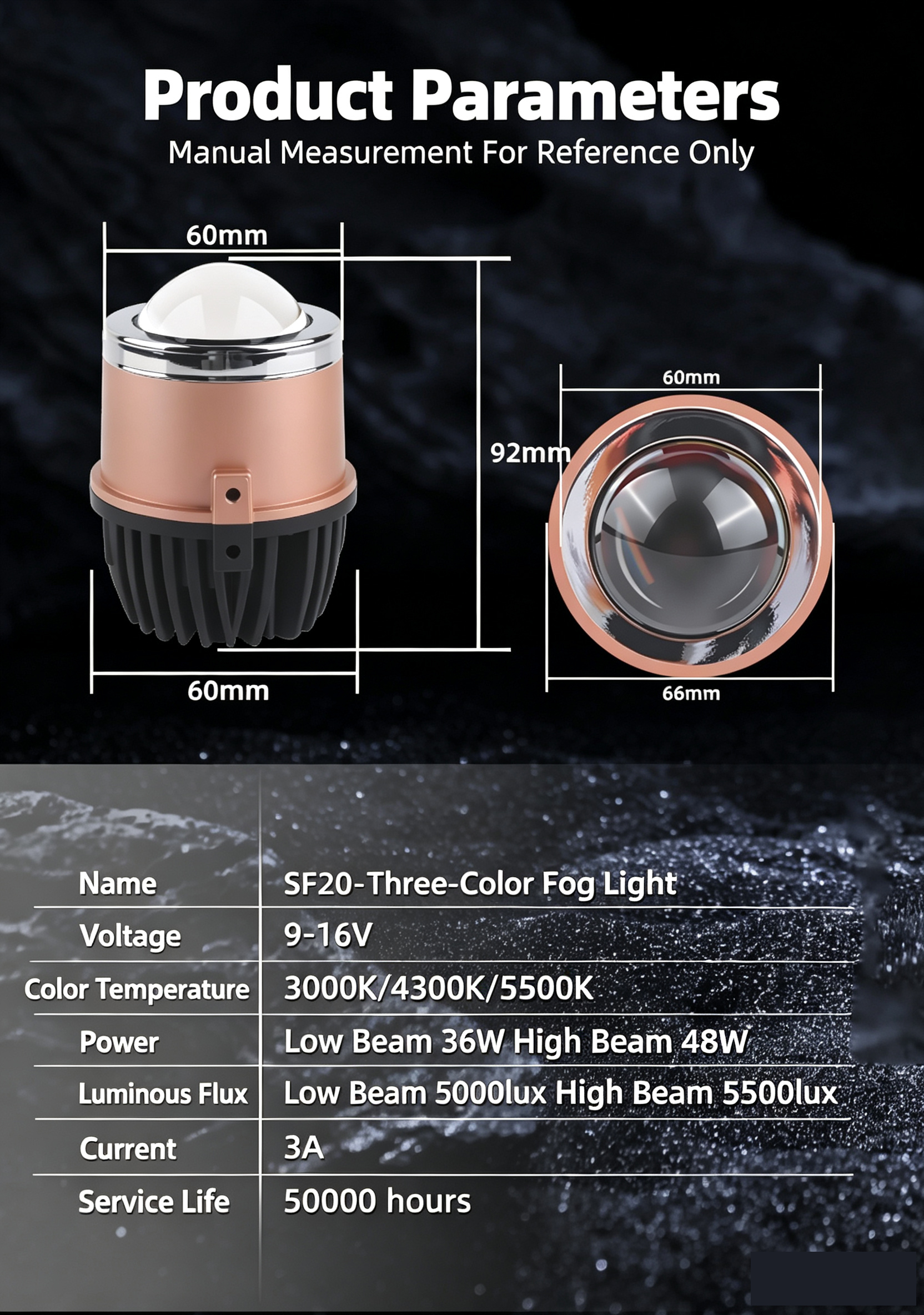 2 Inch SF20 Bi LED Fog Light Projector Lens 3 Color Temperature 3000K 4300K 5500K Dual Low High Beam 36W/48W 9-16V Universal Car Mini Fog Lamp Waterproof Auto Driving Fog Light  