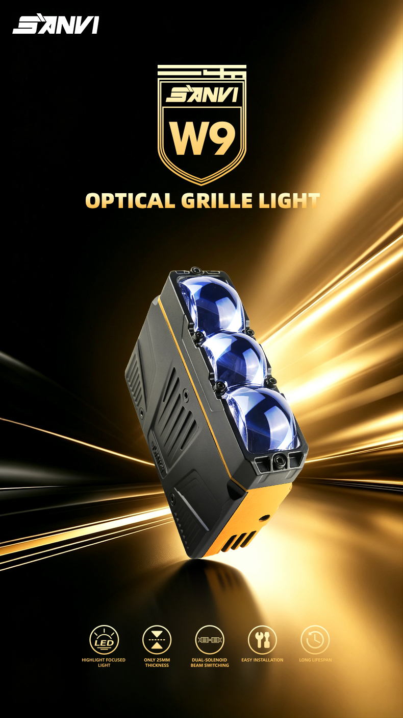 SANVI W9 Optical Grille Light 12‑LED Chip Dual Solenoid Beam Switching 3‑Lens LED Auxiliary Driving Light 5500K 9‑16V Super Bright Off‑Road Spot Light