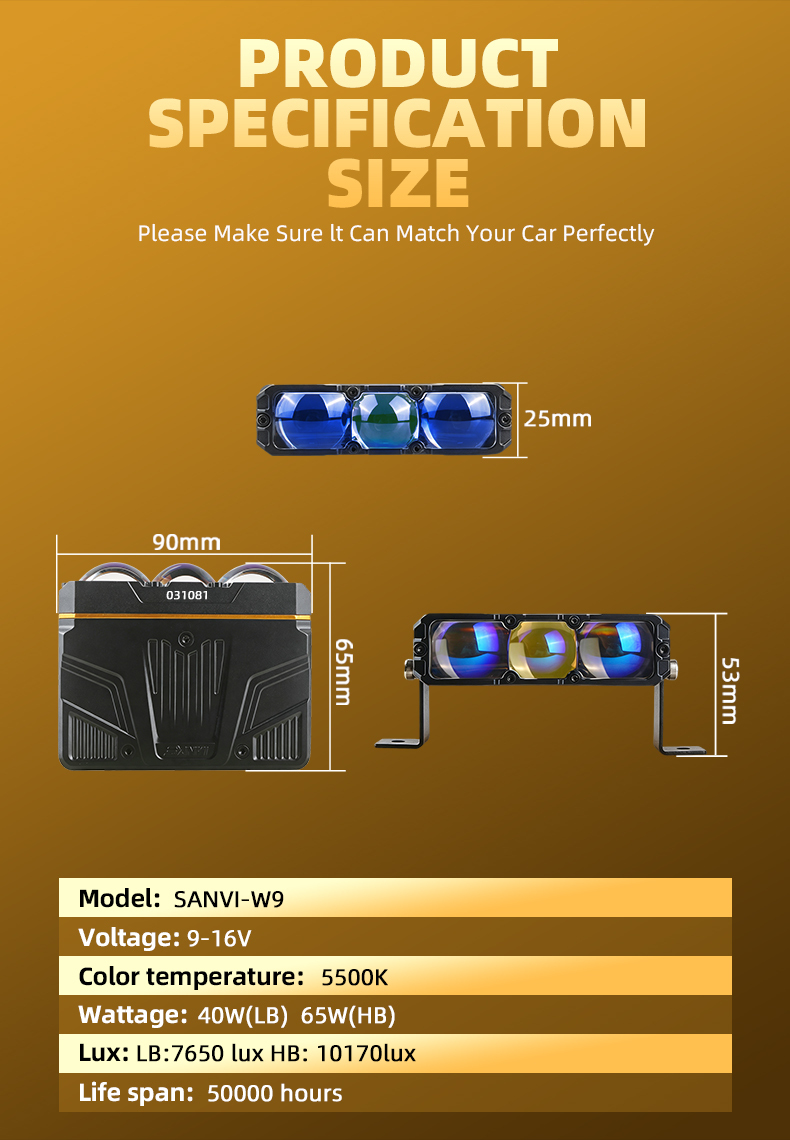 SANVI W9 Optical Grille Light 12‑LED Chip Dual Solenoid Beam Switching 3‑Lens LED Auxiliary Driving Light 5500K 9‑16V Super Bright Off‑Road Spot Light