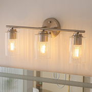 3-light Vanity Light With Clear Ribbed Glass Shades, Brushed Nickel Metal Base, E26 Socket, Cetl Certified For Bathroom, Bedroom, Vanity
