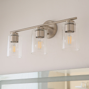 3-light Vanity Light With Clear Ribbed Glass Shades, Brushed Nickel Metal Base, E26 Socket, Cetl Certified For Bathroom, Bedroom, Vanity
