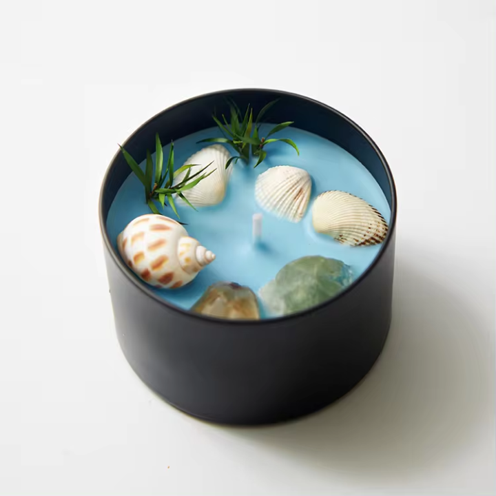 Hot Selling Black Tin Dried Flower Dried Soy Wax Aromatherapy Custom Healing Crystal Clear Quartz Scented Luxury Candles