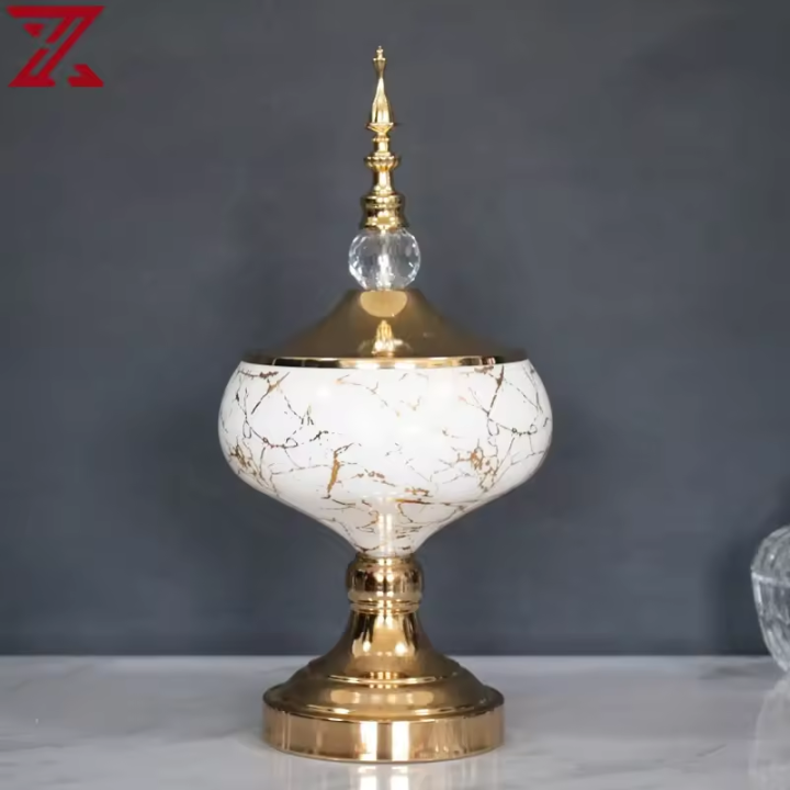hot selling glass interior decoration white gold decal home accessories decoration candle holder fruit bowl set