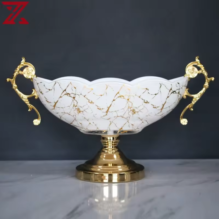 hot selling glass interior decoration white gold decal home accessories decoration candle holder fruit bowl set