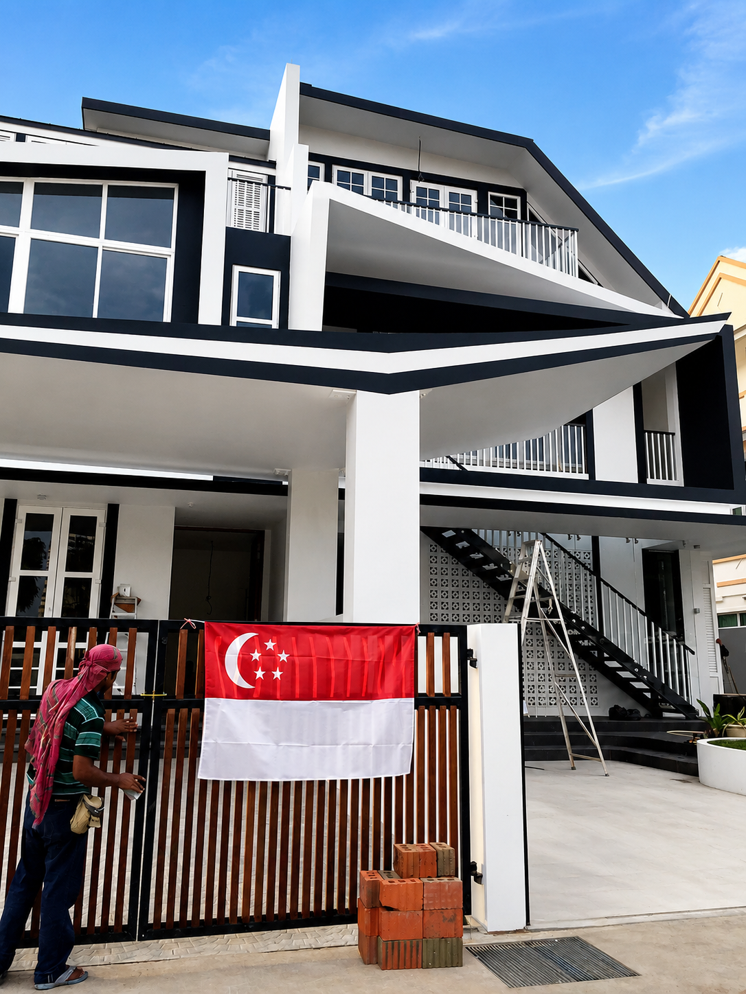 A person in a striped shirt stands at a wooden gate with a Singapore flag, in front of a modern white and black house, with a staircase visible in the background and building materials stacked nearby.