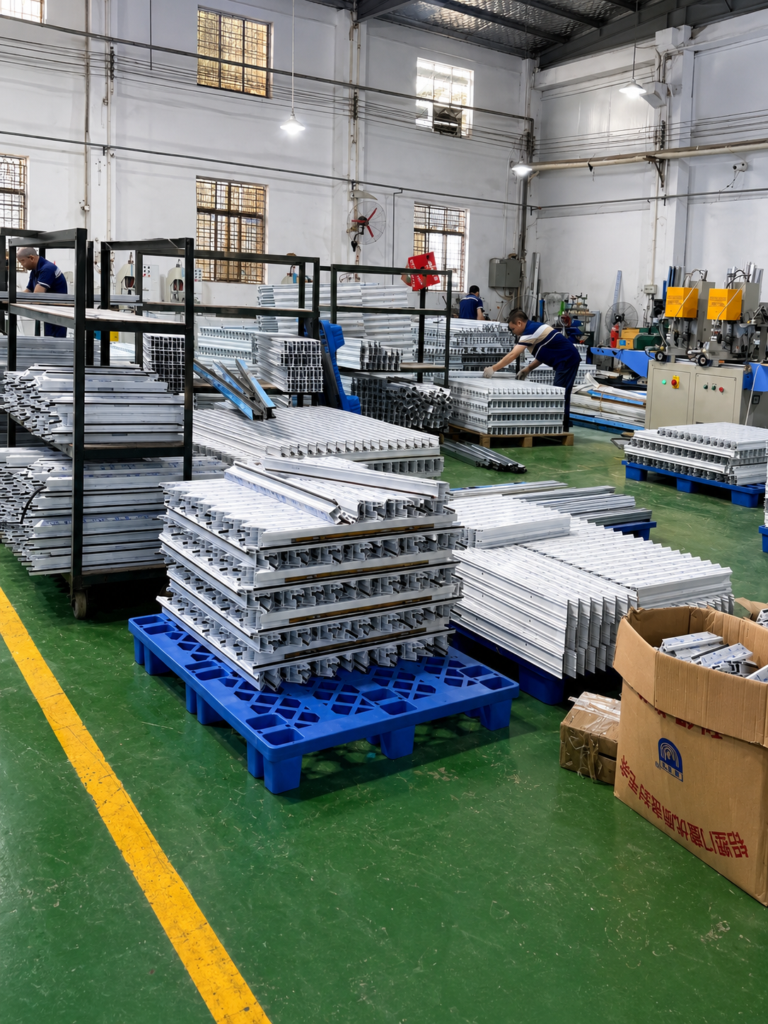 An industrial workspace featuring organized stacks of metal components on blue pallets, with workers assembling and processing materials in the background.