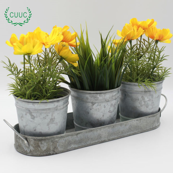 2022 Newest Round Zinc Herb Pot Tray Sets Garden Planters