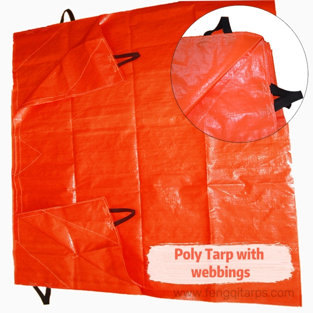Special sewing Tarps of Orange Poly Tarp with black webbings on each
