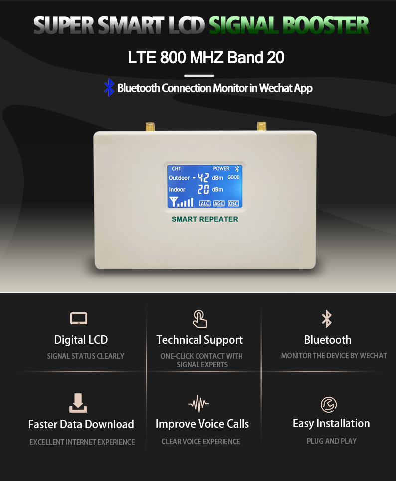 LTE 4G 800Mhz Band 20 Signal Booster Celullar Amplifier 4G Repeater LCD Display Bluetooth Connection WeChat App Monitor 