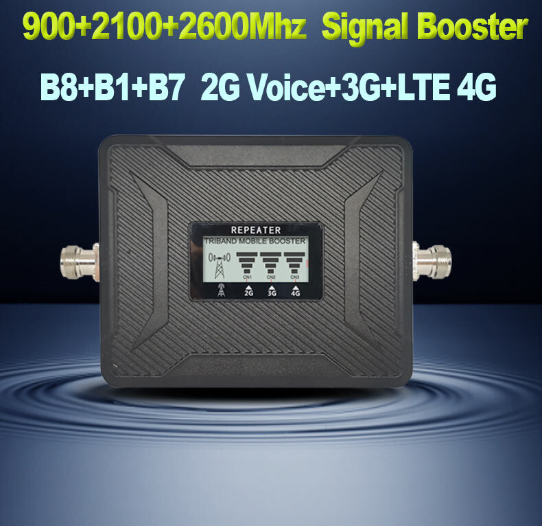 GSM900+3G 2100Mhz+2600Mhz 2G+3G+4G Signal Booster B8+B1+B7 Repeater Tri Band Booster GSM Celullar Amplifier Signal Enhancer With LCD Full Kit