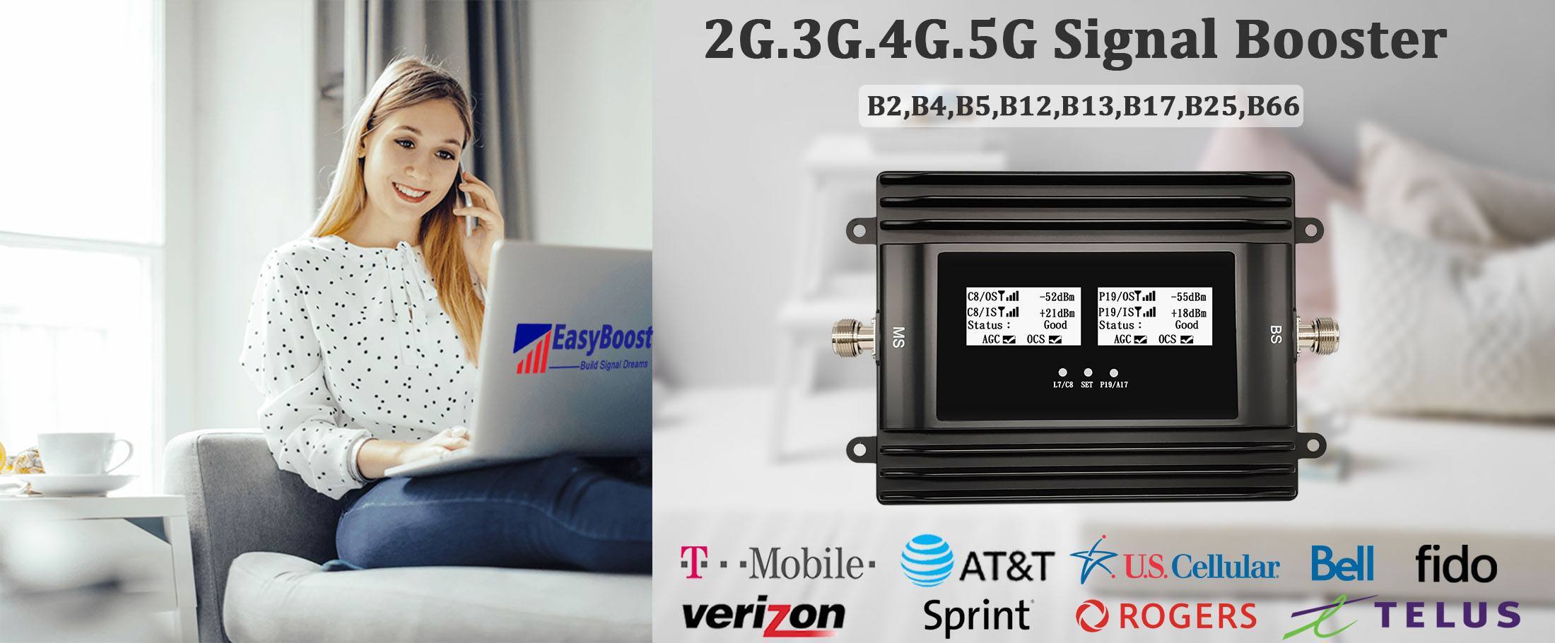 3G 4G 5G Signal Booster Amplifier Cell Booster GSM Cellular 5G Repeater Eight Bands FCC Approval Smart LCD With Full Kit Work For All Carriers in the US And Canada included AT&T,T-mobile,Verizon Up to 8,000 sq ft coverage