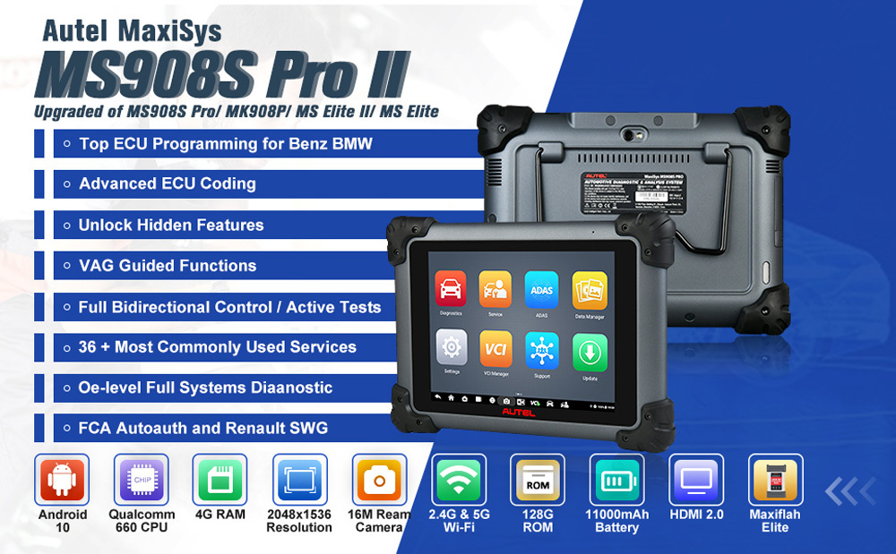 [US/UK/EU Ship] Autel MaxiSys MS908S Pro II with MSOBD2KIT Non-OBDII Adapters Support SCAN VIN and Pre&Post Scan