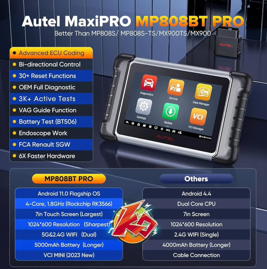 [2Years Update][US Ship] Autel MaxiPRO MP808BT Pro KIT OE-Level Full System Diagnostic Tool with Complete OBD1 Adapters Support Battery Testing