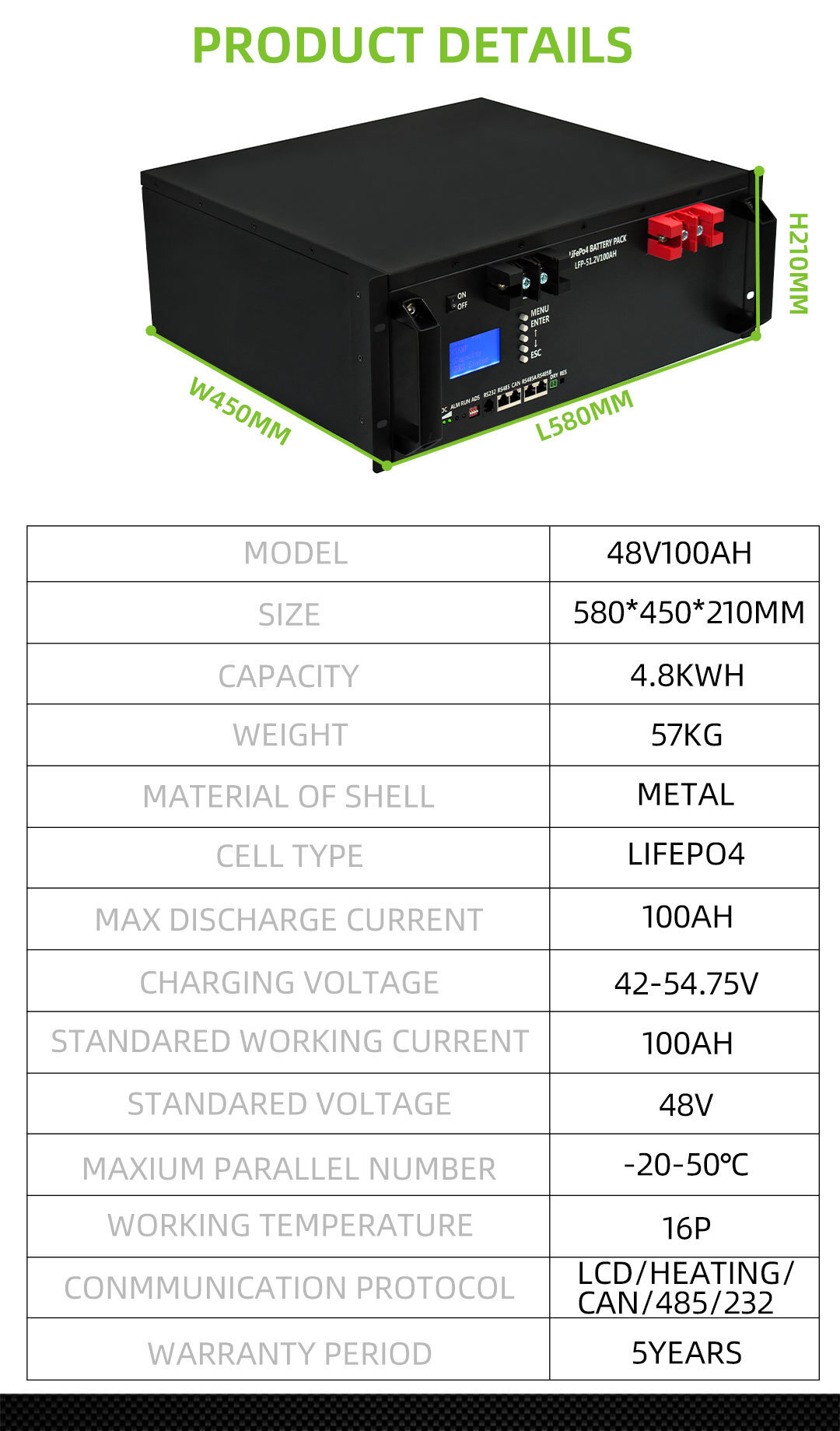 Rack-Mounted 48V100ah LiFePO4 Energy Storage Battery for Solar Energy System