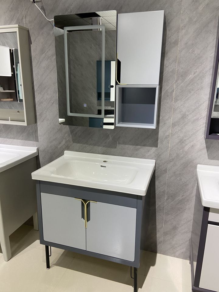 high density pvc floor bathroom vanity with basin and LED mirror 62180