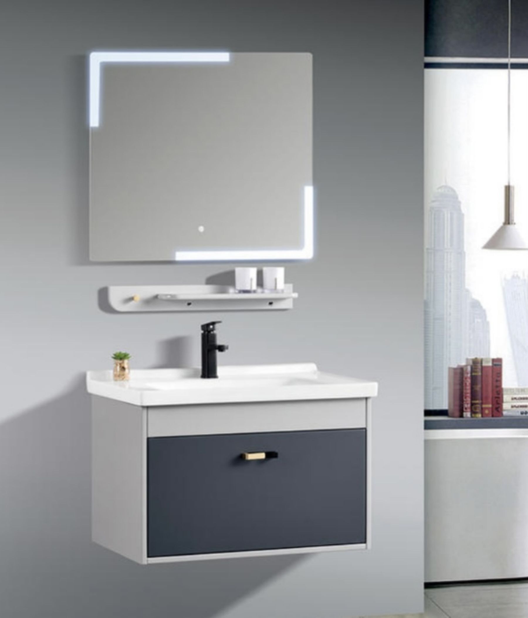 wall hang pvc bathroom vanity with basin and mirror 816680