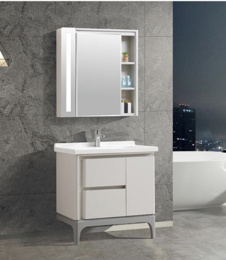 high density pvc floor bathroom vanity with basin and LED