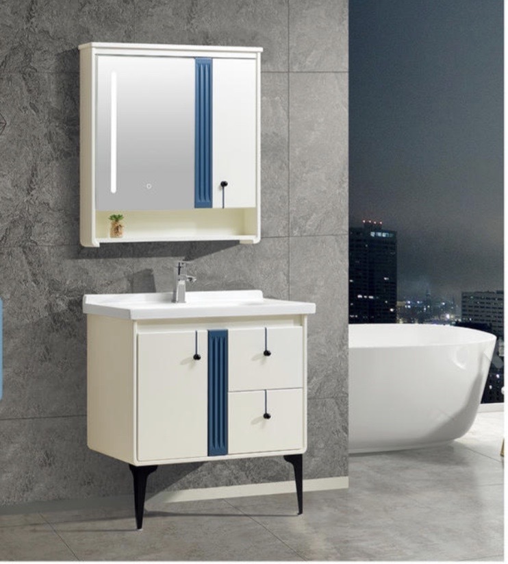 high density pvc floor bathroom vanity with basin and LED