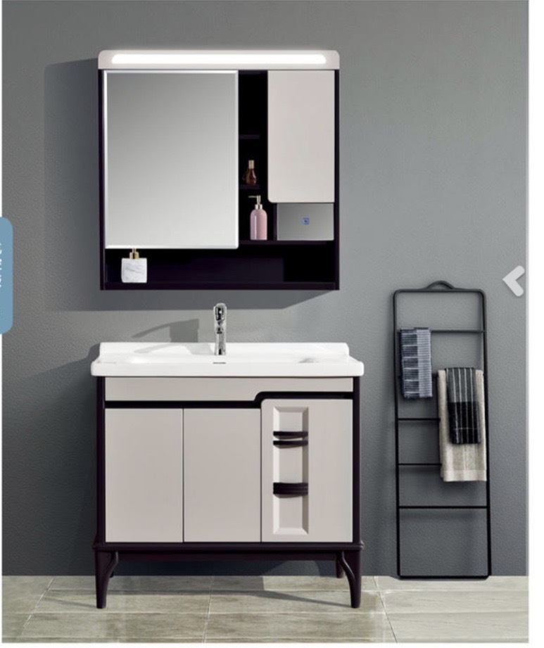 high density pvc floor bathroom vanity with basin and LED mirror 60380cm