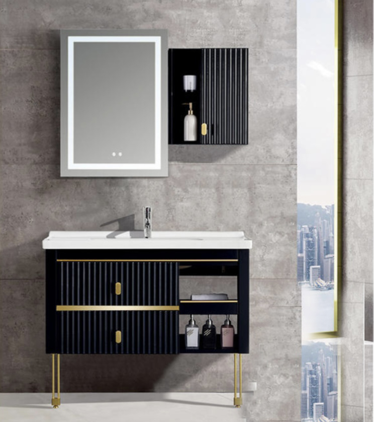 high density pvc floor bathroom vanity with basin and LED