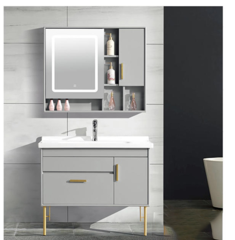 high density pvc floor bathroom vanity with basin and LED mirror 60880cm