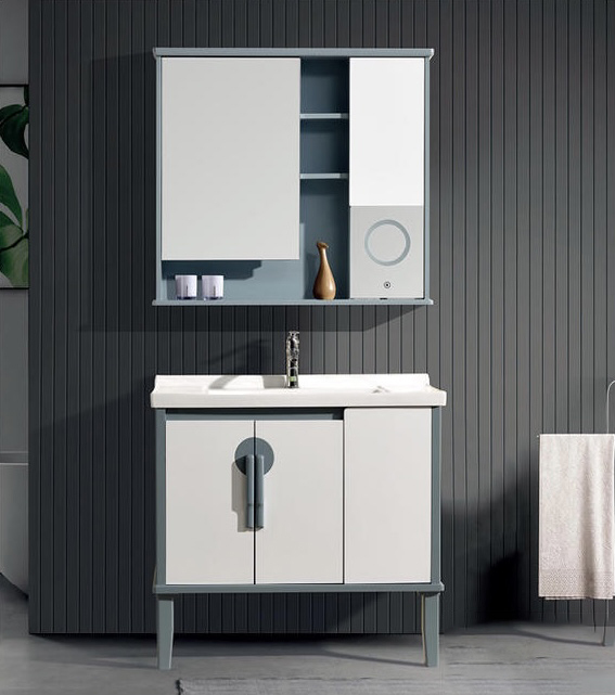 high density pvc floor bathroom vanity with basin and LED