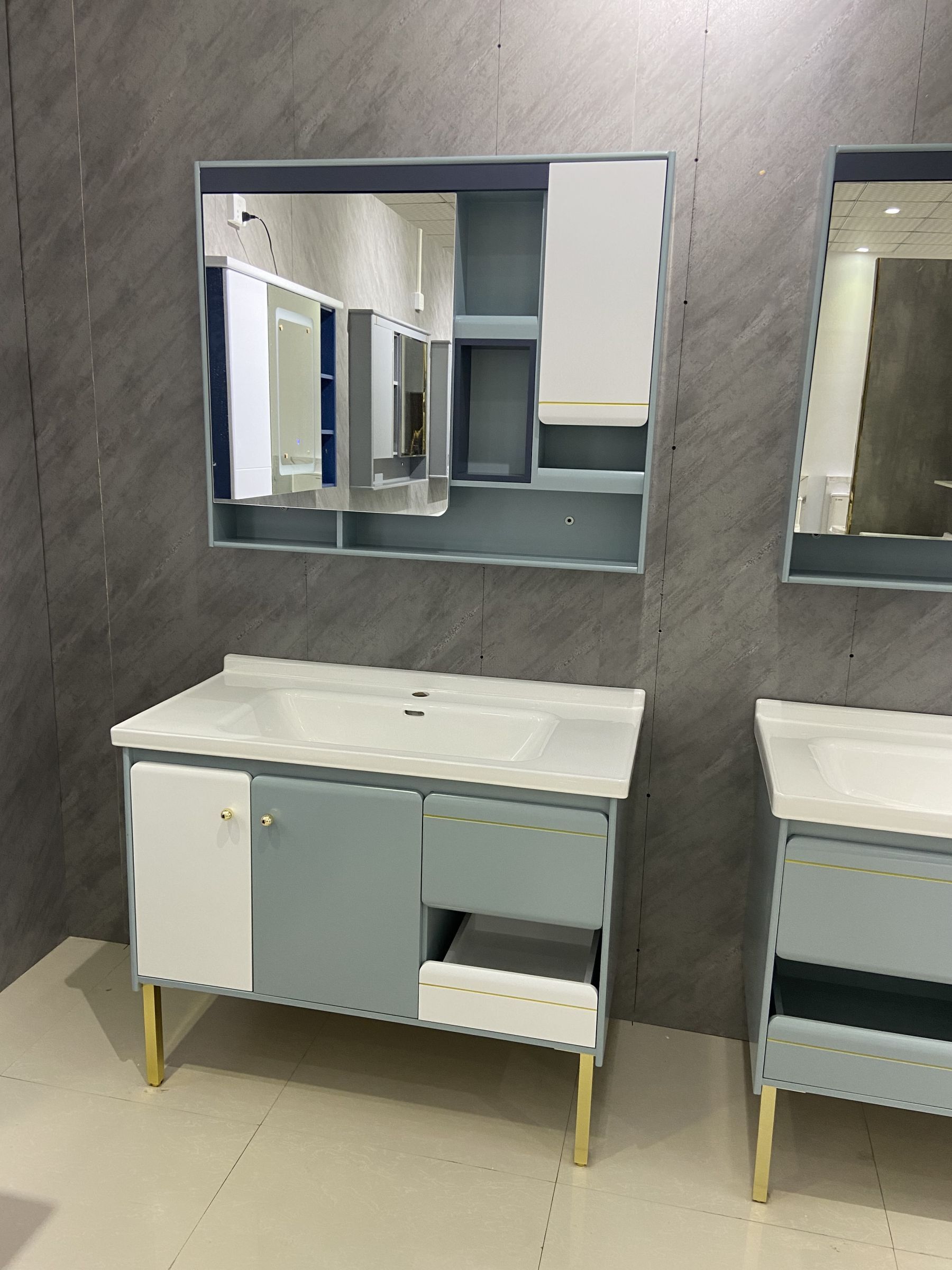 high density pvc floor bathroom vanity with basin and mirror 61680