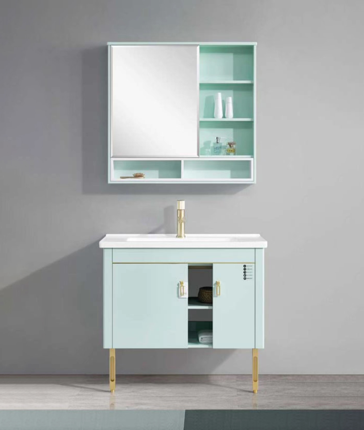 high density pvc floor bathroom vanity with basin and mirror 22180