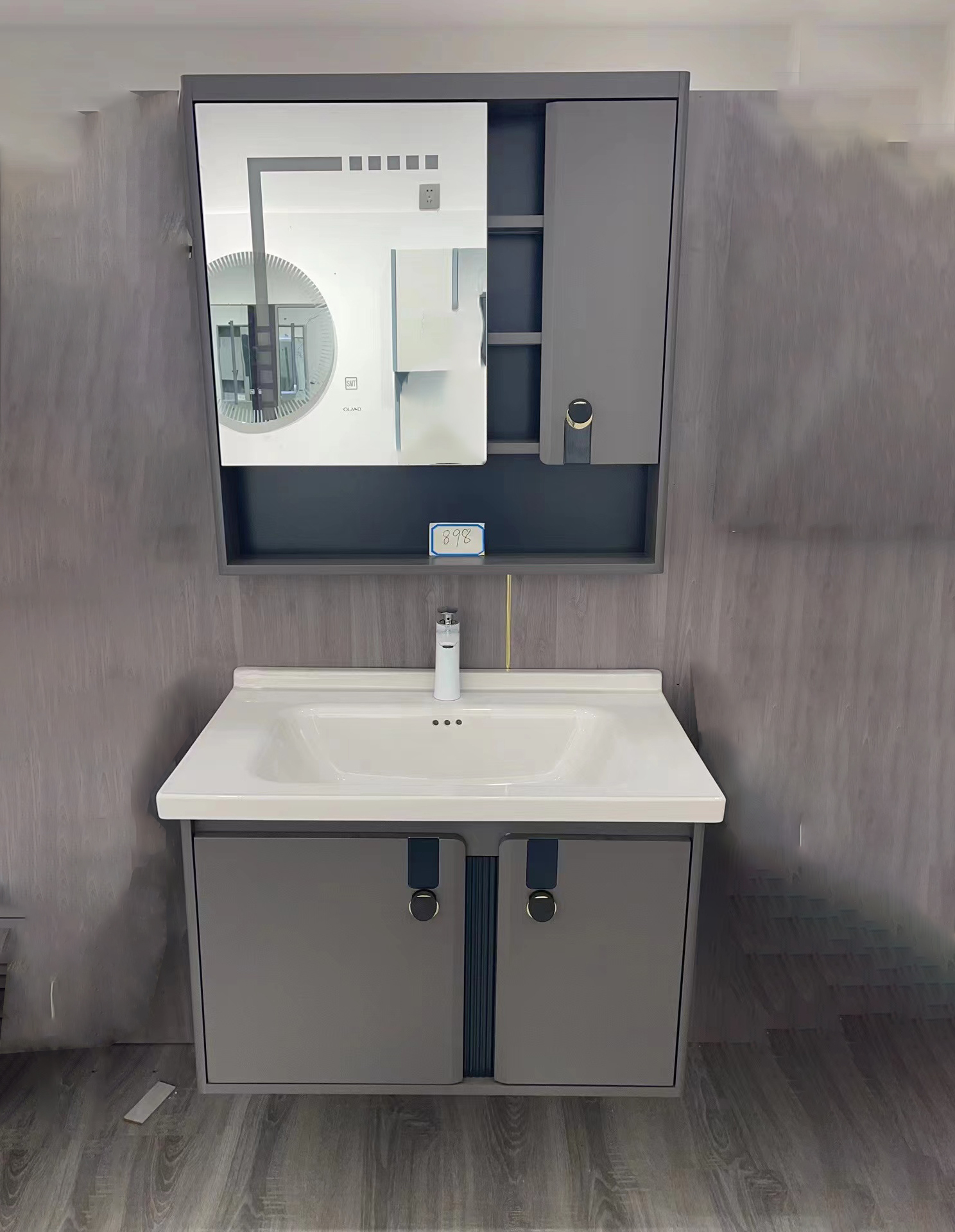 wall hang pvc bathroom cabinet vanity with basin and LED mirror x35-80