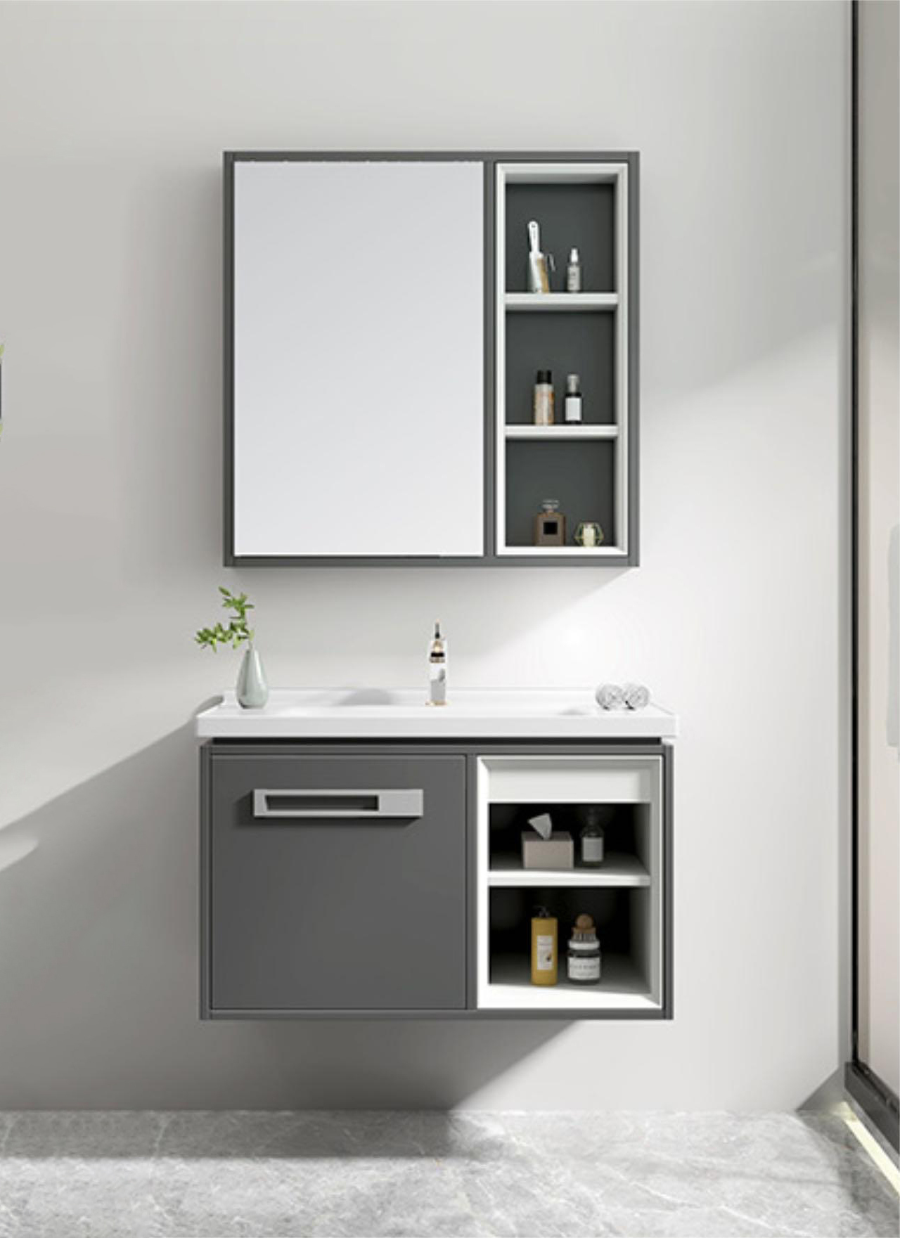 wall hang pvc bathroom vanity with basin and LED mirror x3780