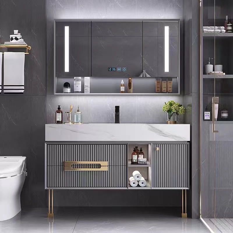 high density pvc floor bathroom vanity with basin and LED