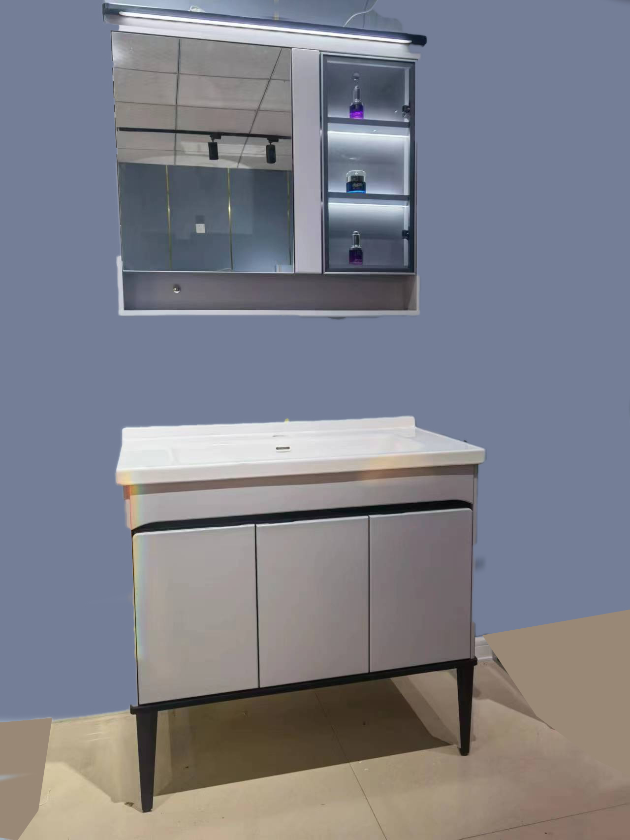 high density pvc floor bathroom vanity with basin and LED
