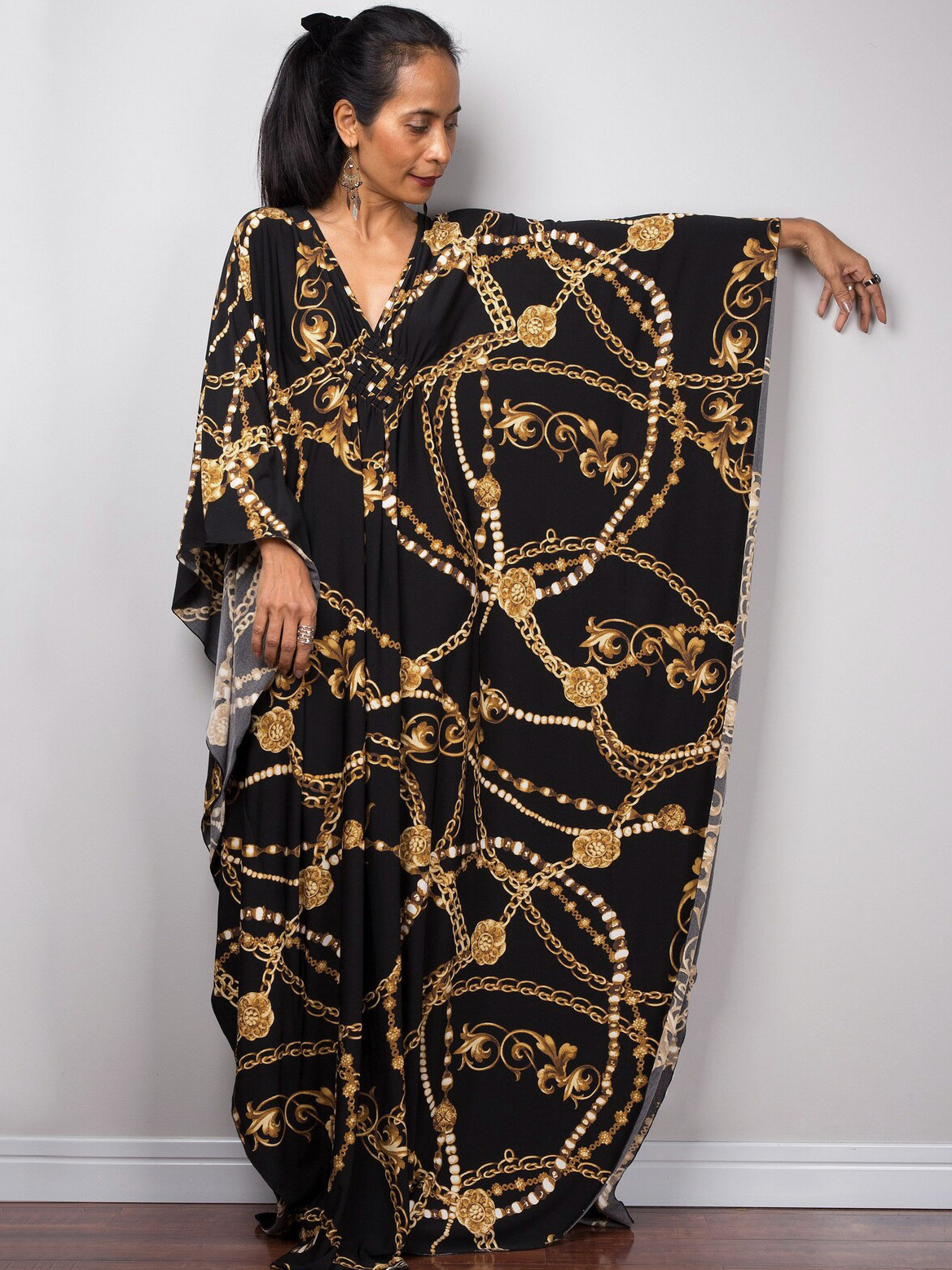 Black&Gold Turkish Kaftan Women's Beach Cover Ups Vneck Caftans 8693-31