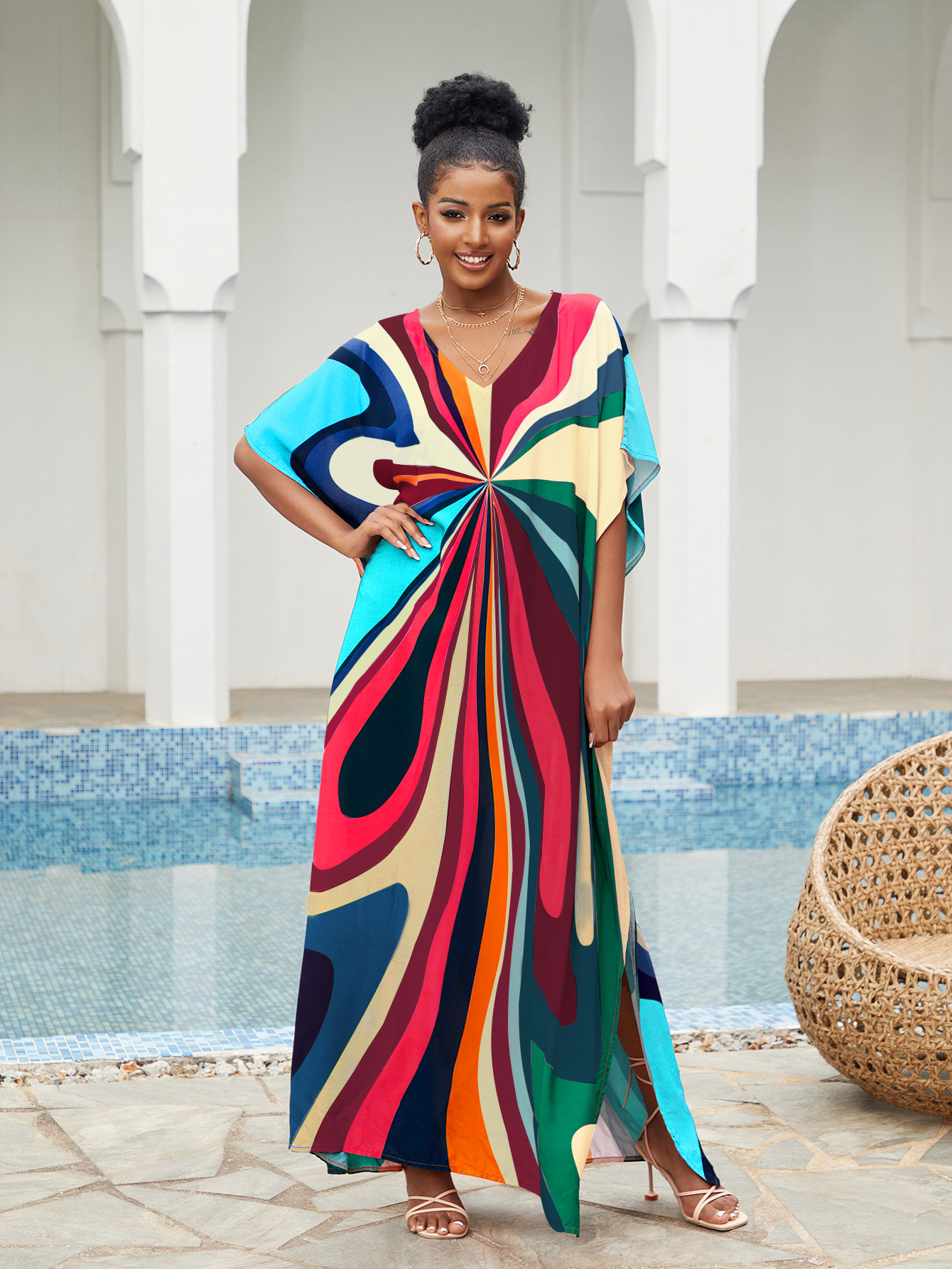 RanRui Women's Boho Caftan Dress - V-Neck Swimsuit Cover Up, Lightweight Rayon, Fast Dry, Oversized Fit - View #2