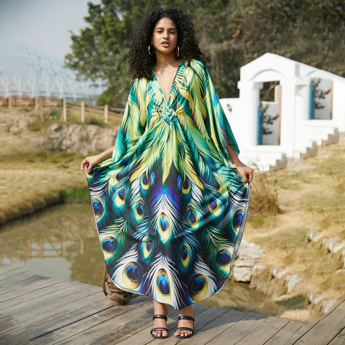 peacock feathers caftan dress Green printing swimsuit cover up