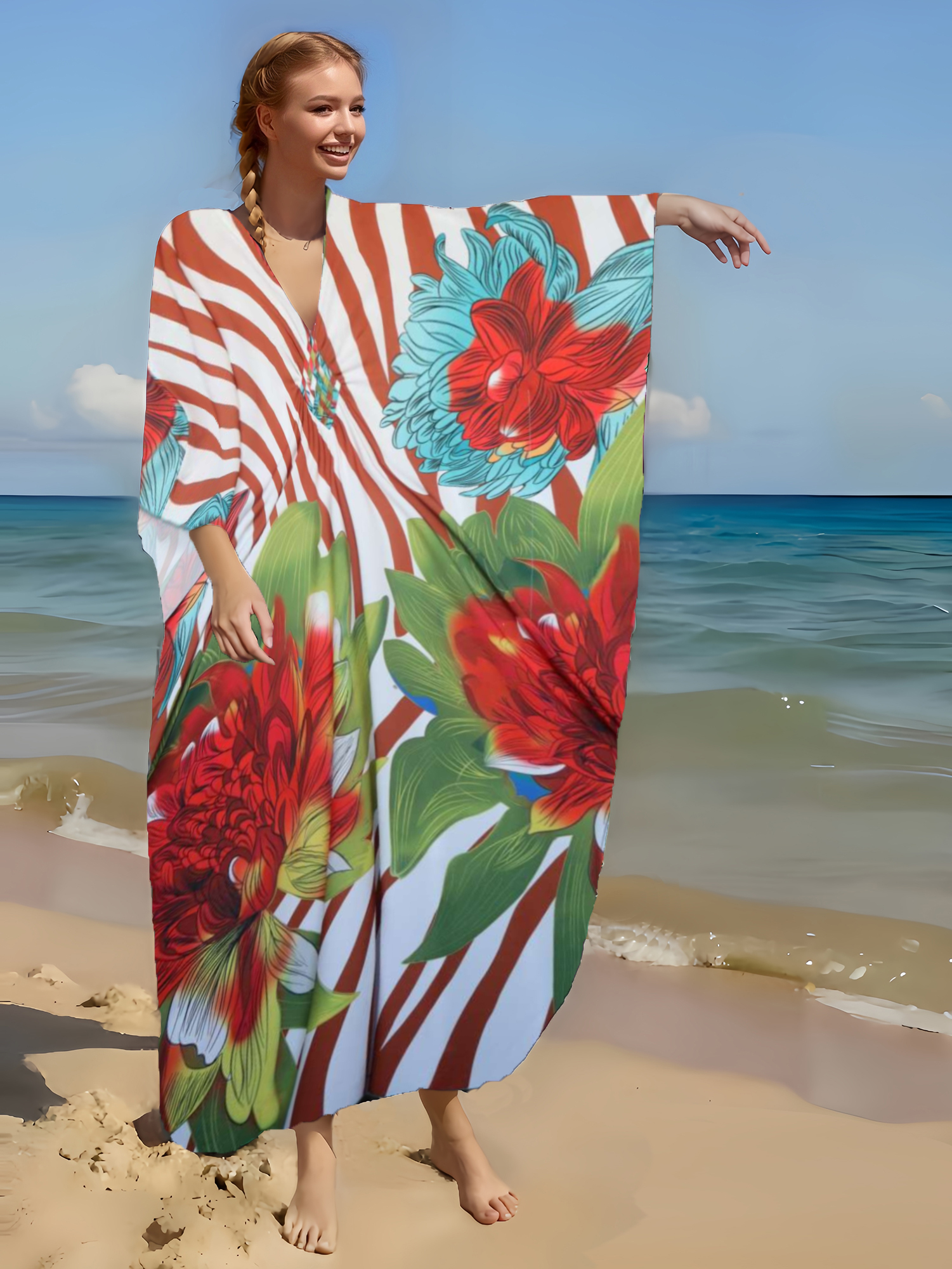 RanRui Women's Ethnic Print Caftan - Oversized V-Neck Swimsuit Cover Up, Short Sleeve Maxi Dress