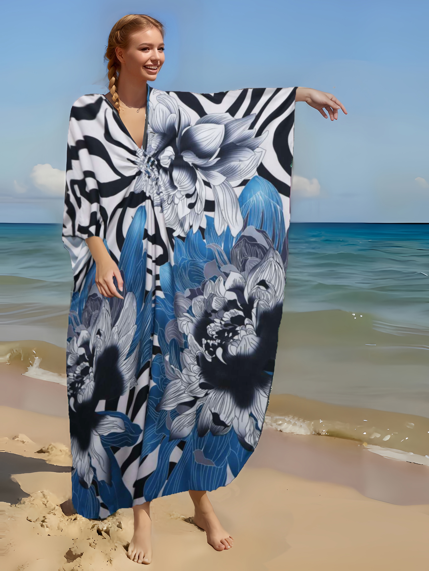 Namoram Floral Print Long Caftan Dress – Plus Size Maxi Tunic, Nightdress Or Beach Cover Up