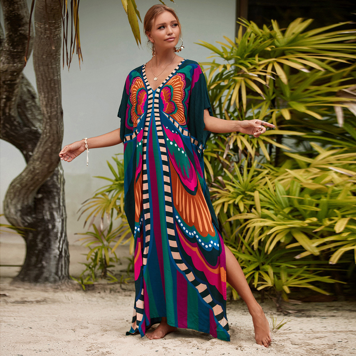 RanRui Women's Boho Caftan Dress - V-Neck Swimsuit Cover Up, Lightweight Rayon, Fast Dry, Oversized Fit - View #3