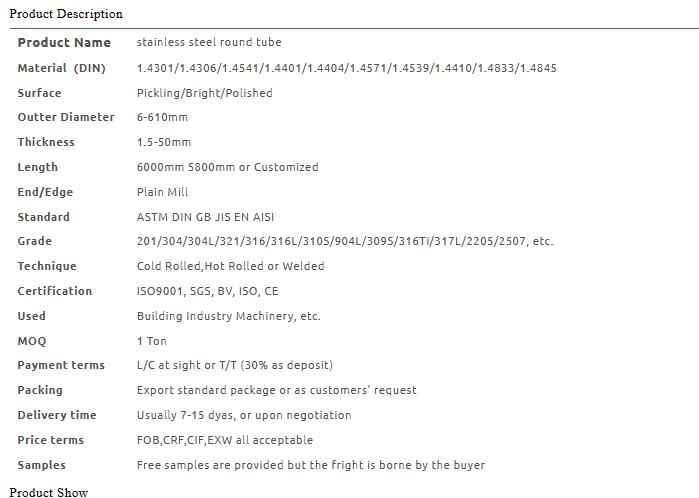 201 304 316 welded Seamless stainless steel pipe metal pipe/tube