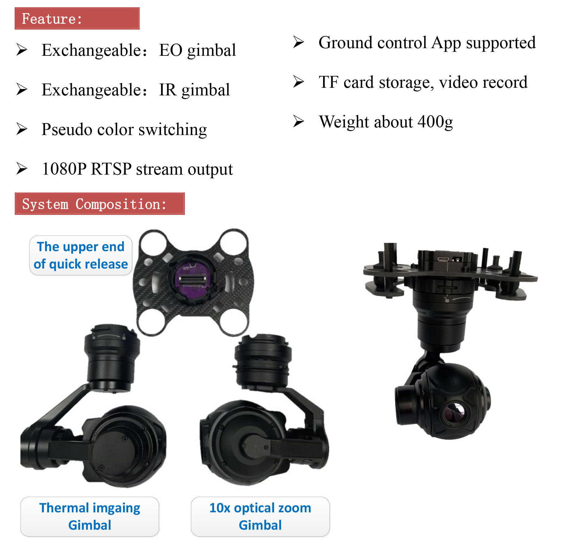 KIP10-G6 10x optical zoom visible light 3-axis Gimbal camera+ 640x512 thermal imaging 3-axis Gimbal camera, interchangeable, IP output
