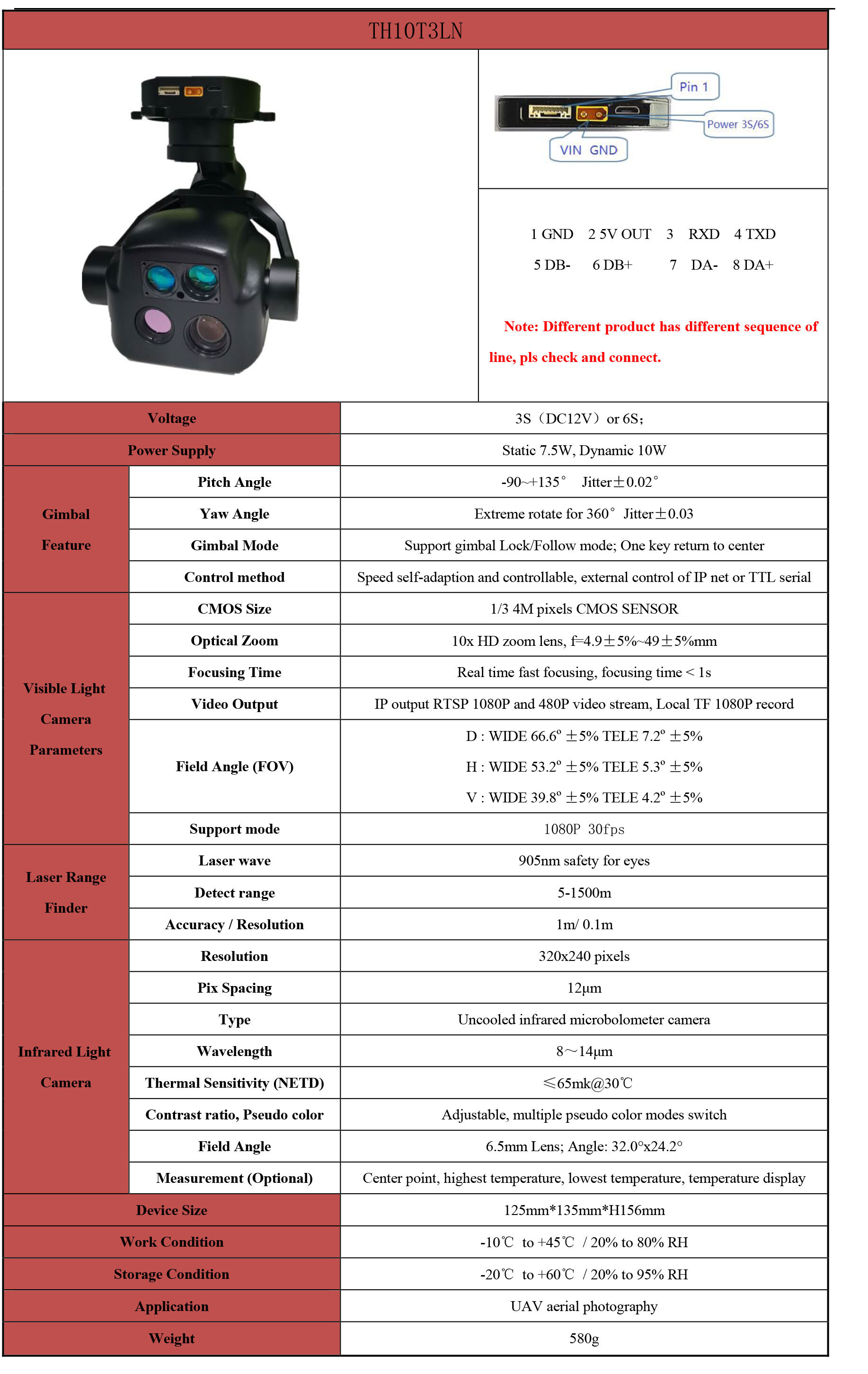 TH10T3LN  High performance Triple Light Gimbal 10X Optical zoom + 320x240 Thermal + 1500 LRF