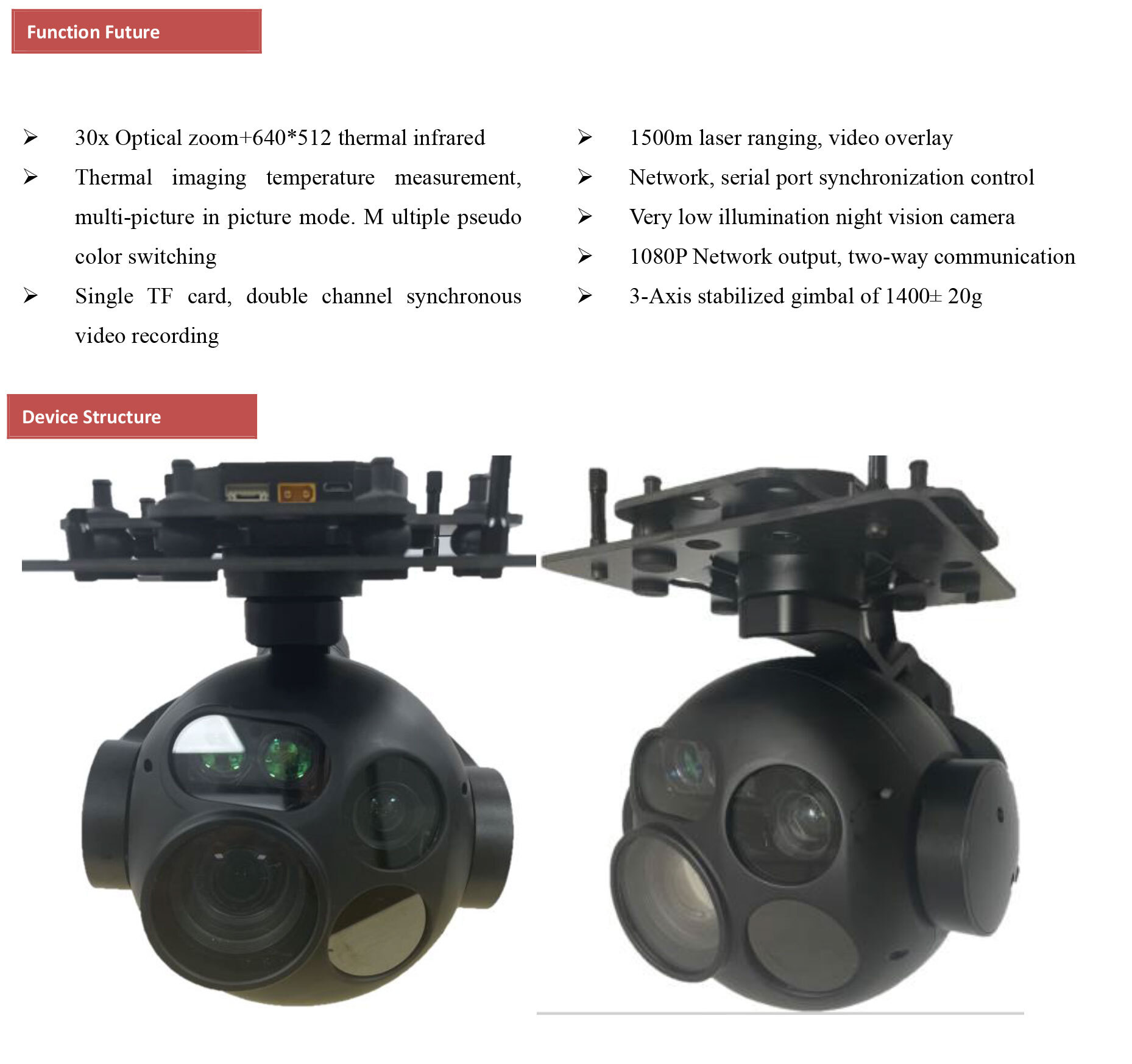 FH30G619L15NA    Four light high-performance Gimbal 30x Optical zoom camera + 640x512 thermal camera+1500m ranging+four light night vision 3-Axis Stabilized , IP output