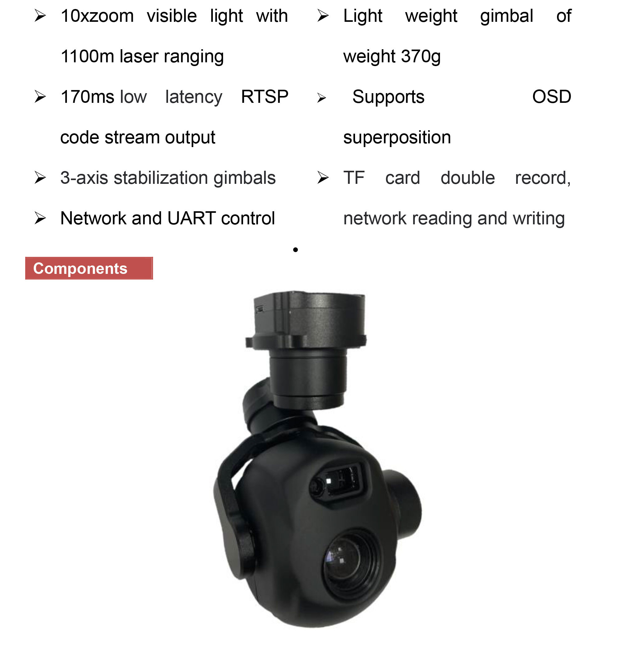 SIP10L11A 10xOptical Zoom Camera +1100m Laser Ranging Dual Light IP network Small Gimbal Camera